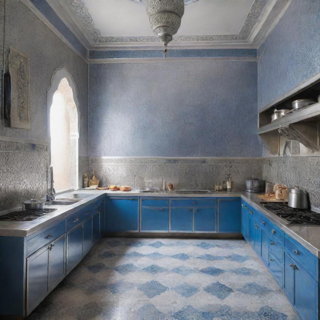 A traditional Moroccan kitchen with aluminum details and blue accents, envisioned for the year 2024.