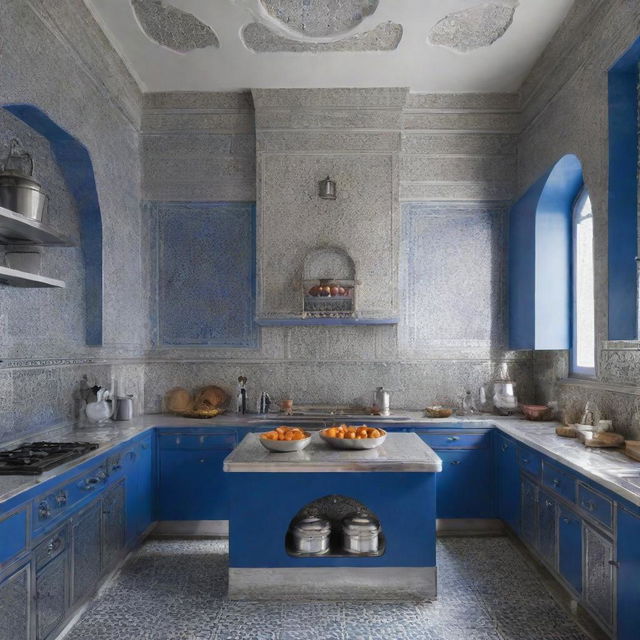 A traditional Moroccan kitchen with aluminum details and blue accents, envisioned for the year 2024.