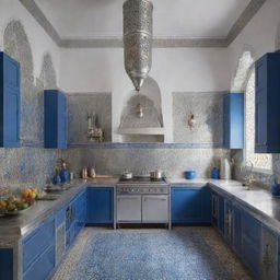 A traditional Moroccan kitchen with aluminum details and blue accents, envisioned for the year 2024.