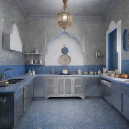 A traditional Moroccan kitchen with aluminum details and blue accents, envisioned for the year 2024.