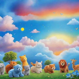 Design a world filled with vibrant colors spread across the sky. Use various shades of blue, colorful clouds, and the brightness of the sun to create an energetic atmosphere for children. Feature animals looking cute and cheerful under this colorful sky.