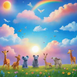 Design a world filled with vibrant colors spread across the sky. Use various shades of blue, colorful clouds, and the brightness of the sun to create an energetic atmosphere for children. Feature animals looking cute and cheerful under this colorful sky.