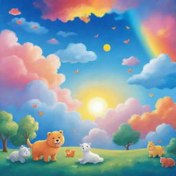 Design a world filled with vibrant colors spread across the sky. Use various shades of blue, colorful clouds, and the brightness of the sun to create an energetic atmosphere for children. Feature animals looking cute and cheerful under this colorful sky.