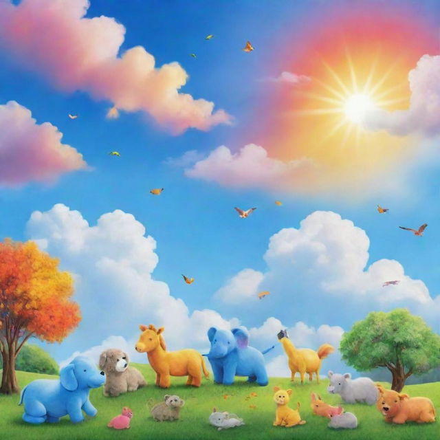 Design a world filled with vibrant colors spread across the sky. Use various shades of blue, colorful clouds, and the brightness of the sun to create an energetic atmosphere for children. Feature animals looking cute and cheerful under this colorful sky.