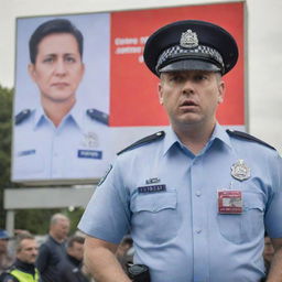 A police officer in uniform, standing erect and defiant, while protesting against a politician who is portrayed in the background on a large promotional billboard.