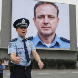 A police officer in uniform, standing erect and defiant, while protesting against a politician who is portrayed in the background on a large promotional billboard.