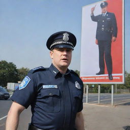 A police officer in uniform, standing erect and defiant, while protesting against a politician who is portrayed in the background on a large promotional billboard.