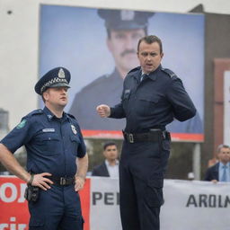 A police officer in uniform, standing erect and defiant, while protesting against a politician who is portrayed in the background on a large promotional billboard.