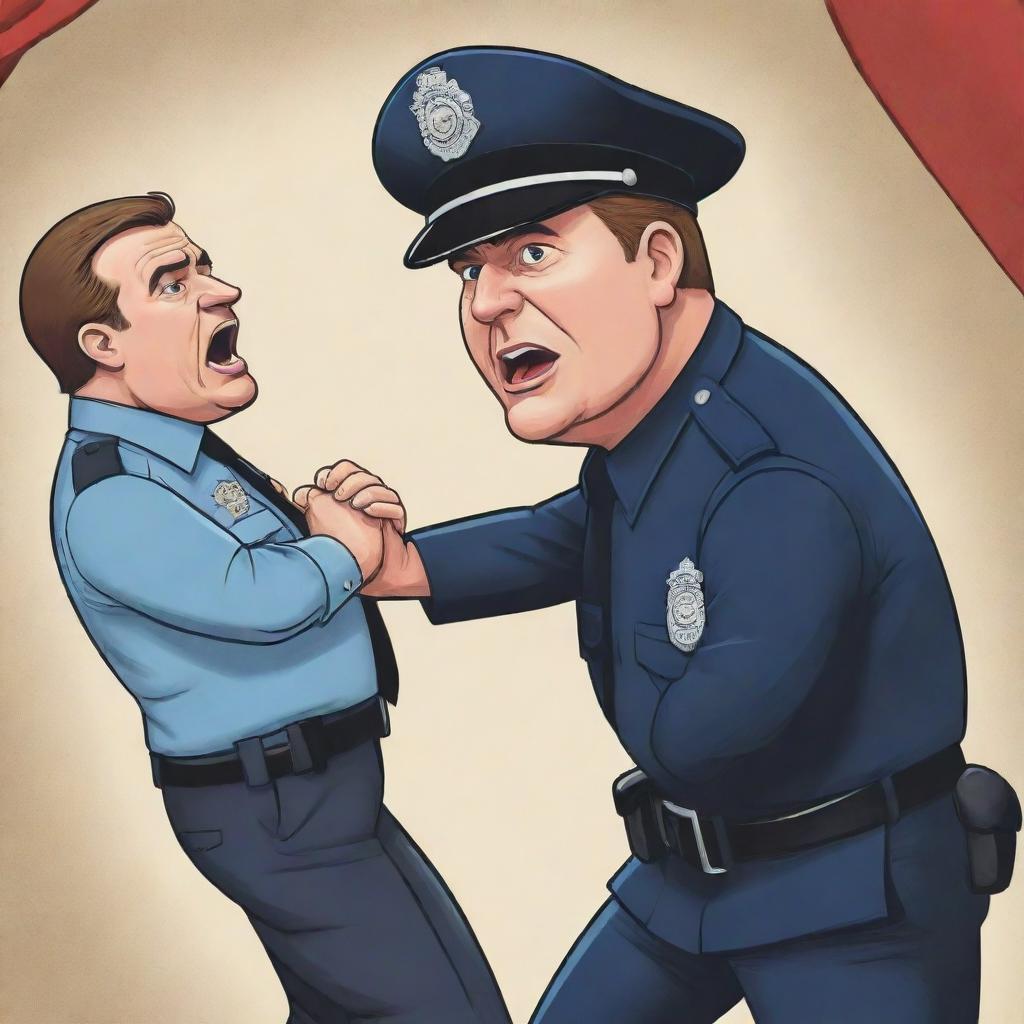 A cartoon style illustration of a police officer challenging authority, portrayed as rebelling against a caricatured politician featured on a large poster.