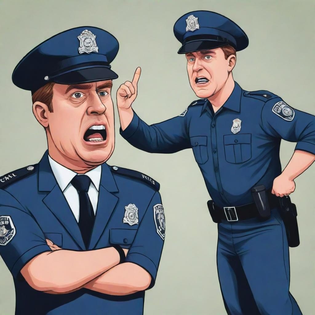 A cartoon style illustration of a police officer challenging authority, portrayed as rebelling against a caricatured politician featured on a large poster.