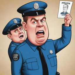 A cartoon style illustration of a police officer challenging authority, portrayed as rebelling against a caricatured politician featured on a large poster.