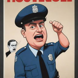 A cartoon style illustration of a police officer challenging authority, portrayed as rebelling against a caricatured politician featured on a large poster.