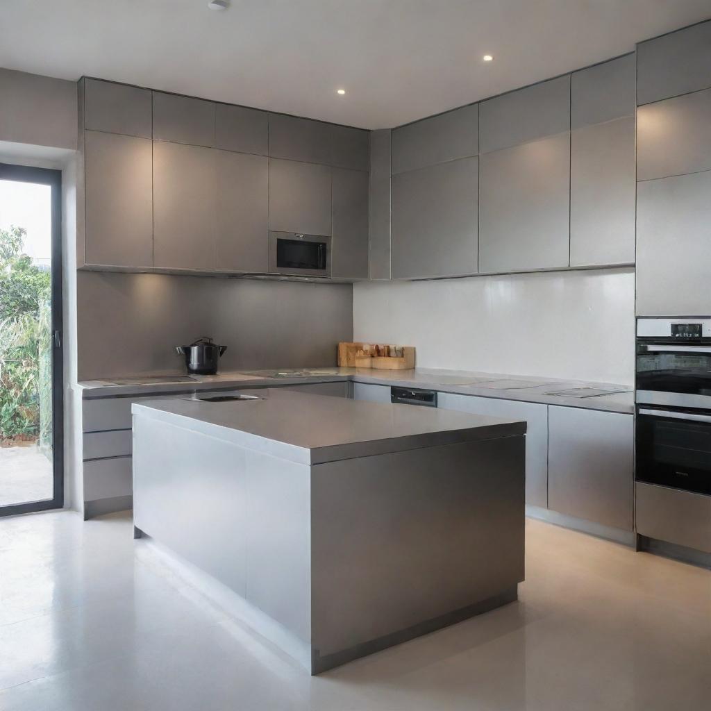 A cubic 3x3 kitchen predominantly using 2024-grade aluminium. The room radiates a sleek, modern aesthetic with all appliances and furnishings in silver tones to harmonize with the cool, metallic vibe.