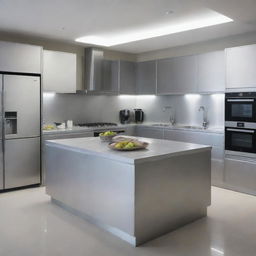 A cubic 3x3 kitchen predominantly using 2024-grade aluminium. The room radiates a sleek, modern aesthetic with all appliances and furnishings in silver tones to harmonize with the cool, metallic vibe.