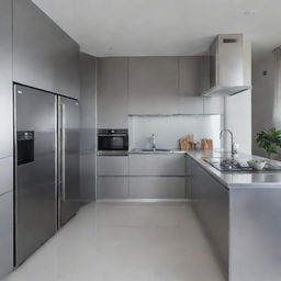 A cubic 3x3 kitchen predominantly using 2024-grade aluminium. The room radiates a sleek, modern aesthetic with all appliances and furnishings in silver tones to harmonize with the cool, metallic vibe.