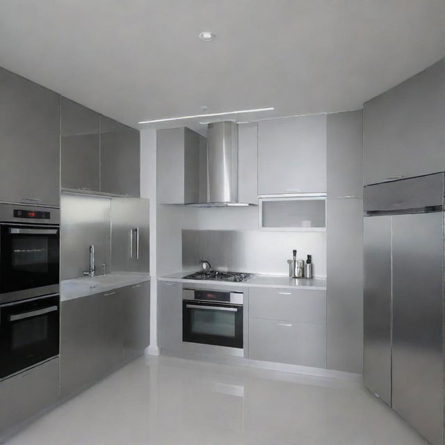 A cubic 3x3 kitchen predominantly using 2024-grade aluminium. The room radiates a sleek, modern aesthetic with all appliances and furnishings in silver tones to harmonize with the cool, metallic vibe.