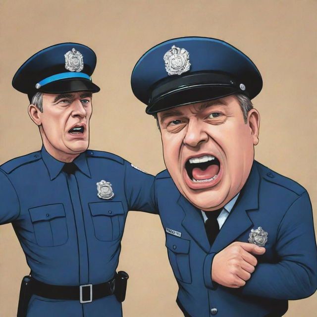 A cartoon-style image of a defiant police officer rebelling against a caricature of a politician depicted in the background.