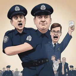 A cartoon-style image of a defiant police officer rebelling against a caricature of a politician depicted in the background.