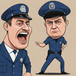 A cartoon-style image of a defiant police officer rebelling against a caricature of a politician depicted in the background.