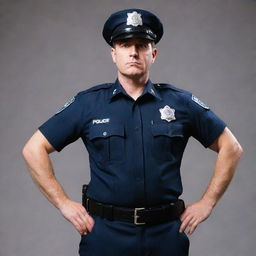 A bold image of a police officer in uniform, standing in a defiant pose as if rebelling against a politician, featured in the backdrop.