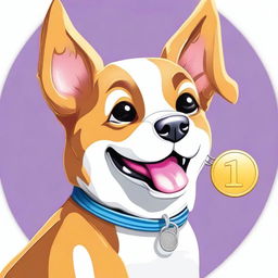 A high-quality digital art of a cute and playful dog, with a shiny one-dollar coin tag hanging from its collar