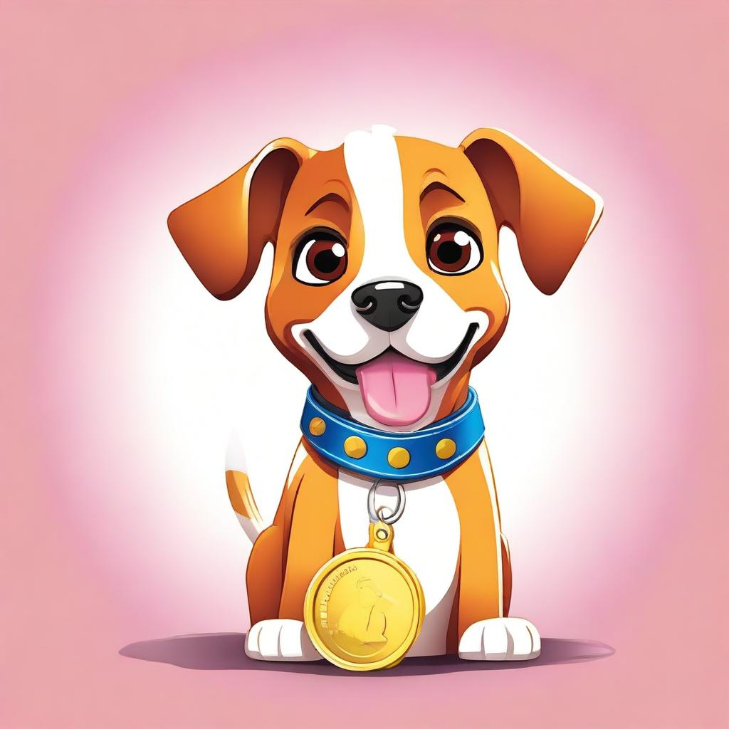 A high-quality digital art of a cute and playful dog, with a shiny one-dollar coin tag hanging from its collar