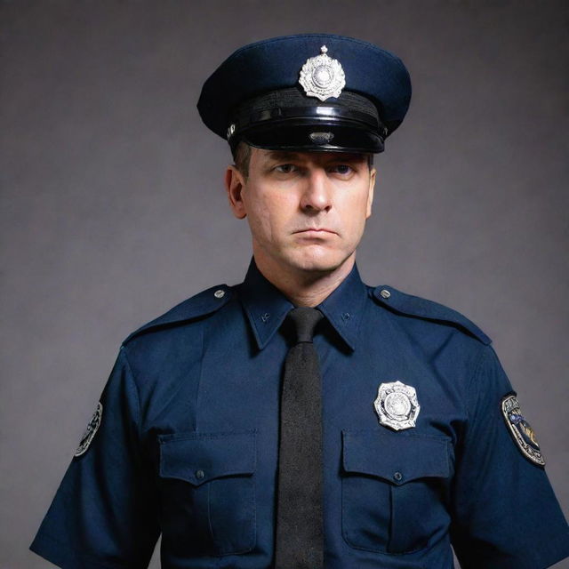 A bold image of a police officer in uniform, standing in a defiant pose as if rebelling against a politician, featured in the backdrop.