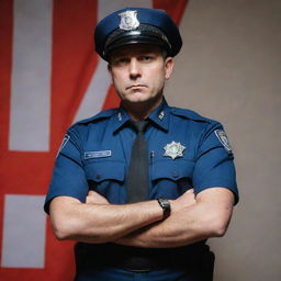 A bold image of a police officer in uniform, standing in a defiant pose as if rebelling against a politician, featured in the backdrop.