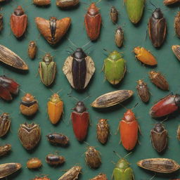 A vivid and highly detailed image of Hemiptera (true bugs) showcasing a variety of specimens, including their distinct characteristics, colors, and habitats.