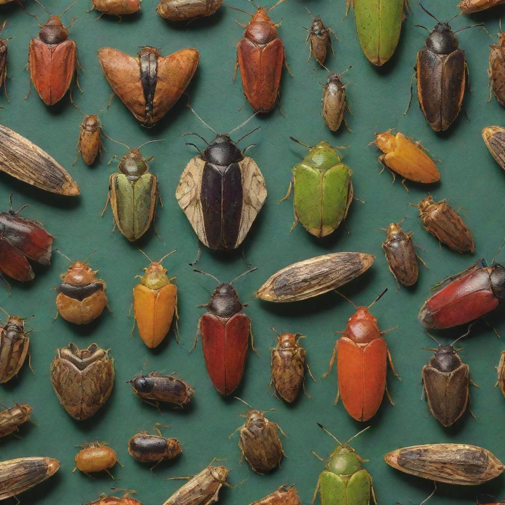 A vivid and highly detailed image of Hemiptera (true bugs) showcasing a variety of specimens, including their distinct characteristics, colors, and habitats.