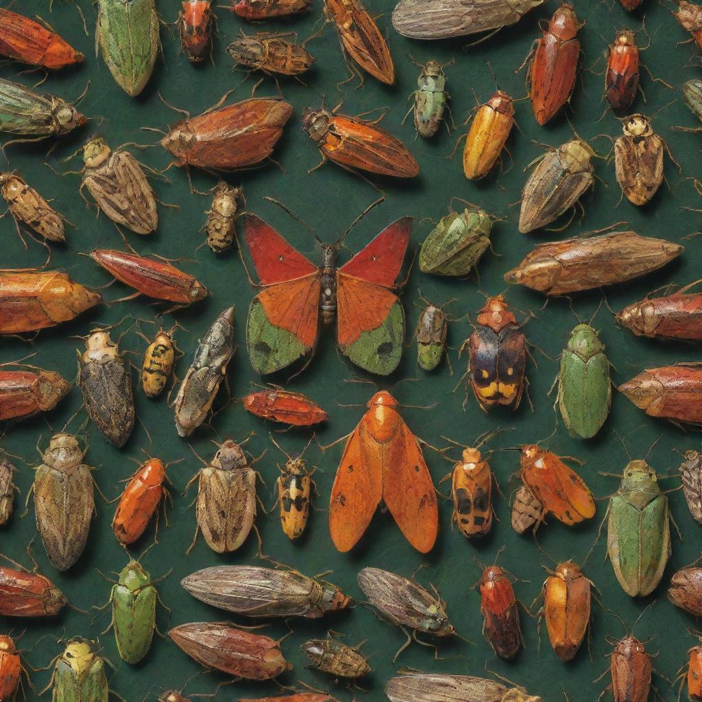 A vivid and highly detailed image of Hemiptera (true bugs) showcasing a variety of specimens, including their distinct characteristics, colors, and habitats.