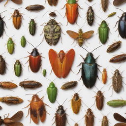 A vivid and highly detailed image of Hemiptera (true bugs) showcasing a variety of specimens, including their distinct characteristics, colors, and habitats.