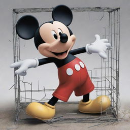 A cartoonish image of the iconic character Mickey Mouse dynamically breaking out from a caged enclosure with pieces of the cage flying in all directions.