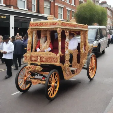 In the religious procession, the devotees rode in a beautifully adorned hackney carriage as a symbol of their faith.