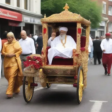 In the religious procession, the devotees rode in a beautifully adorned hackney carriage as a symbol of their faith.