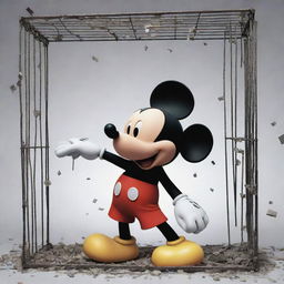 A cartoonish image of the iconic character Mickey Mouse dynamically breaking out from a caged enclosure with pieces of the cage flying in all directions.