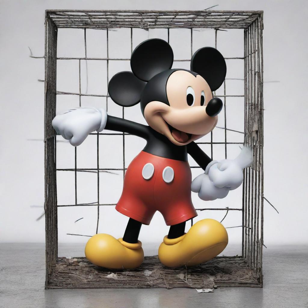 A cartoonish image of the iconic character Mickey Mouse dynamically breaking out from a caged enclosure with pieces of the cage flying in all directions.