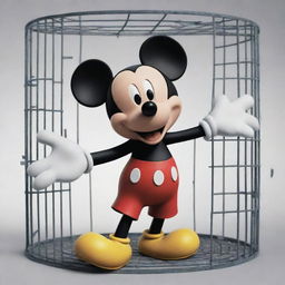 A cartoonish image of the iconic character Mickey Mouse dynamically breaking out from a caged enclosure with pieces of the cage flying in all directions.