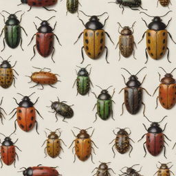 A gallery of high-definition, carefully illustrated Coleoptera (beetles) showcasing their distinct shapes, vibrant colorations, and intricate patterns.