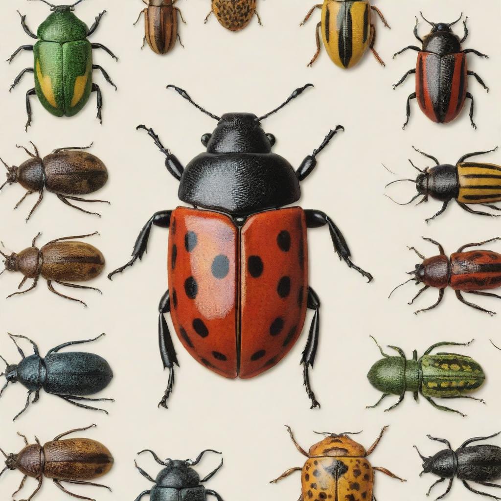 A gallery of high-definition, carefully illustrated Coleoptera (beetles) showcasing their distinct shapes, vibrant colorations, and intricate patterns.