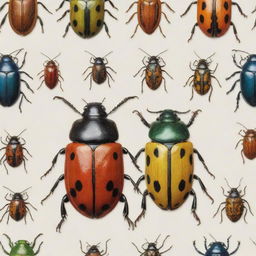 A gallery of high-definition, carefully illustrated Coleoptera (beetles) showcasing their distinct shapes, vibrant colorations, and intricate patterns.