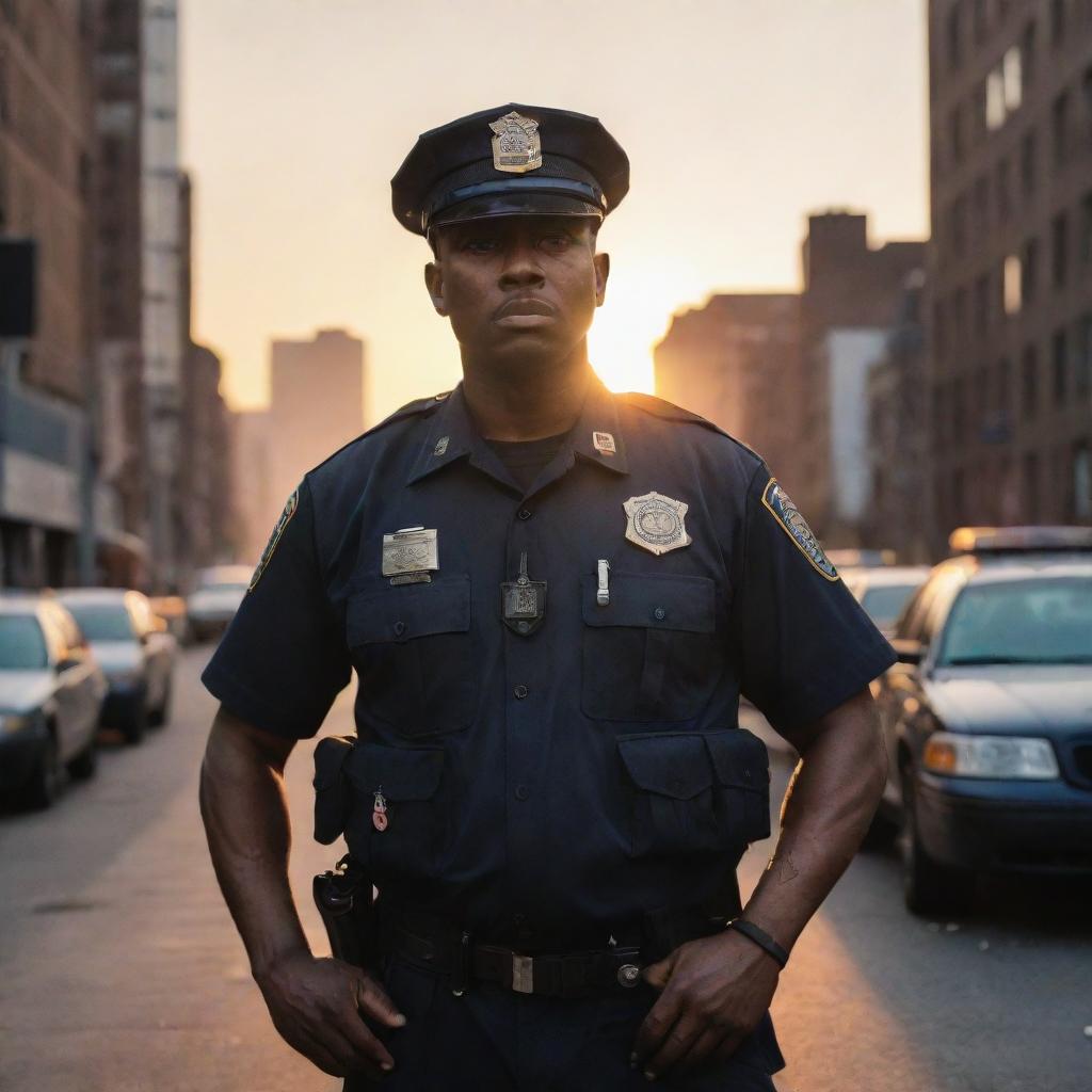 A rebellious police officer standing defiantly amidst a chaotic cityscape at sunset, with a worn-out badge reflecting the last rays of the setting sun