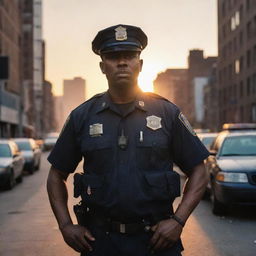 A rebellious police officer standing defiantly amidst a chaotic cityscape at sunset, with a worn-out badge reflecting the last rays of the setting sun