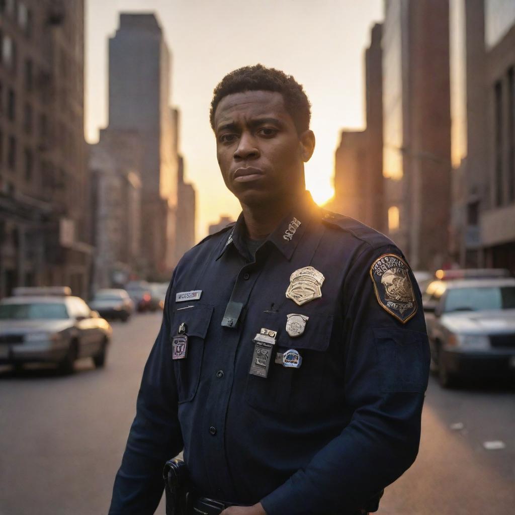 A rebellious police officer standing defiantly amidst a chaotic cityscape at sunset, with a worn-out badge reflecting the last rays of the setting sun