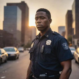 A rebellious police officer standing defiantly amidst a chaotic cityscape at sunset, with a worn-out badge reflecting the last rays of the setting sun