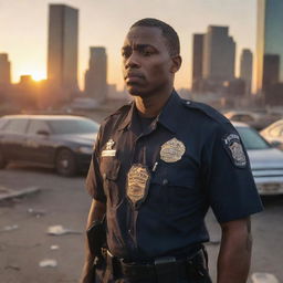 A rebellious police officer standing defiantly amidst a chaotic cityscape at sunset, with a worn-out badge reflecting the last rays of the setting sun