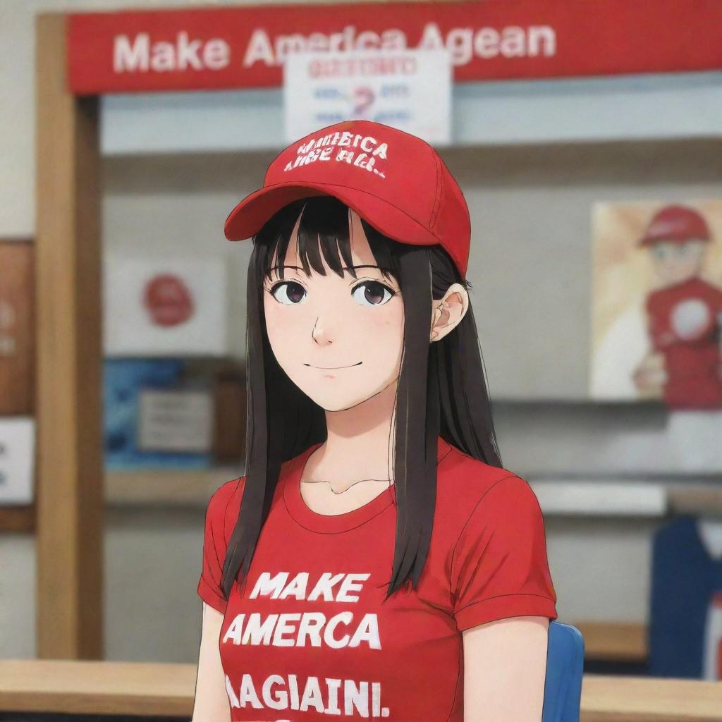 Anime character Nagatoro wearing a red hat with the inscription 'Make America Great Again' in a casual setting.