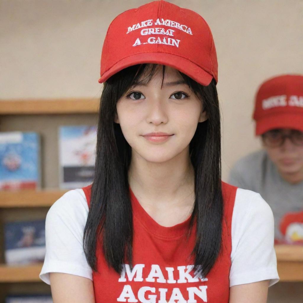 Anime character Nagatoro wearing a red hat with the inscription 'Make America Great Again' in a casual setting.