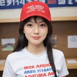 Anime character Nagatoro wearing a red hat with the inscription 'Make America Great Again' in a casual setting.