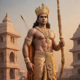 Lord Ram standing majestically in Ayodhya, adorned in royal attire with a golden crown, celestial jewelries, and holding bow and arrows. Background shows the architectural grandeur of Ayodhya, bathing in the soft golden glow of a setting sun.